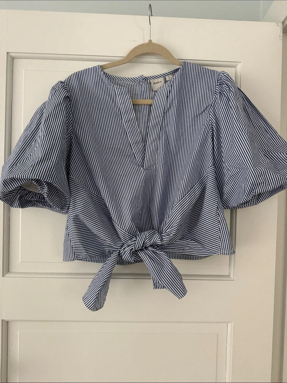 Anthropologie Blue and White Striped Tie-Front Puff Sleeve Blouse